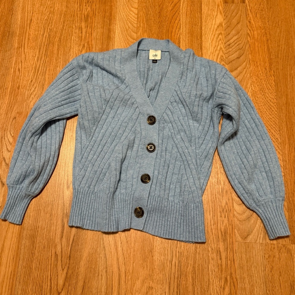 CAbi Blue Cardigan Sweater with Ribbed Knit